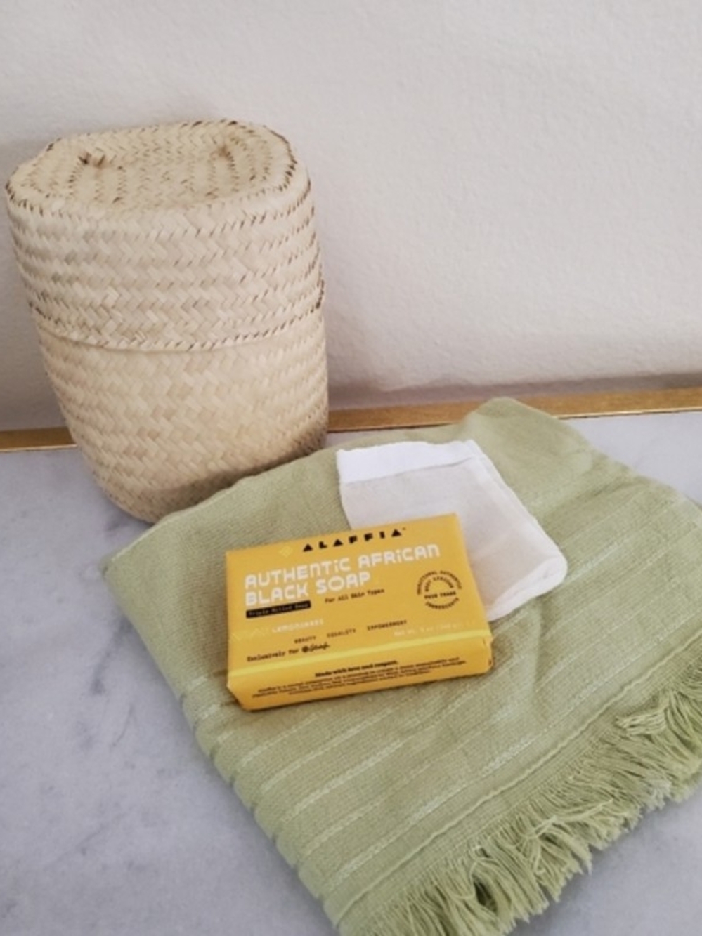Authentic African Black Soap with Soft Face Towel and Basket